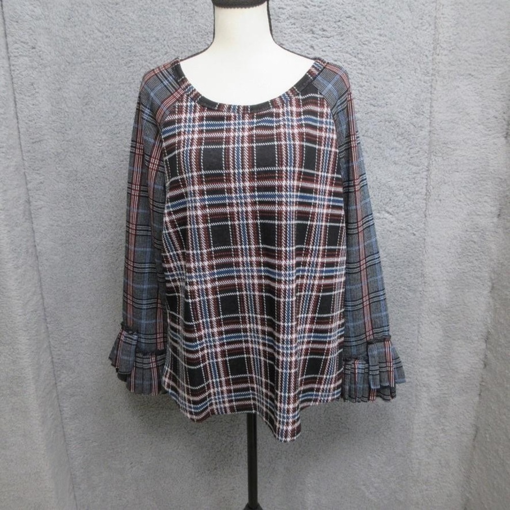 Hannah Plaid Ruffle Bell Sleeve Blouse Women XL Black Multicolor Preppy Academia